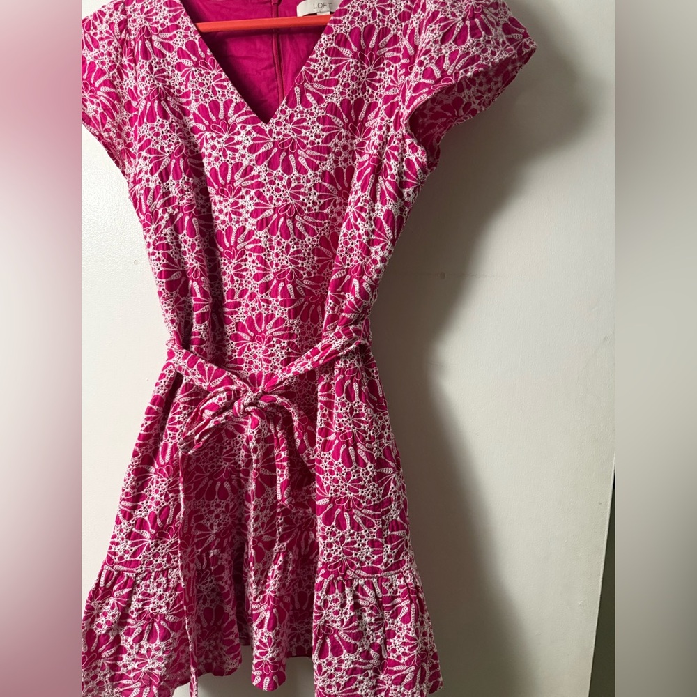 LOFT Fuchsia Embroidered V-Neck Dress